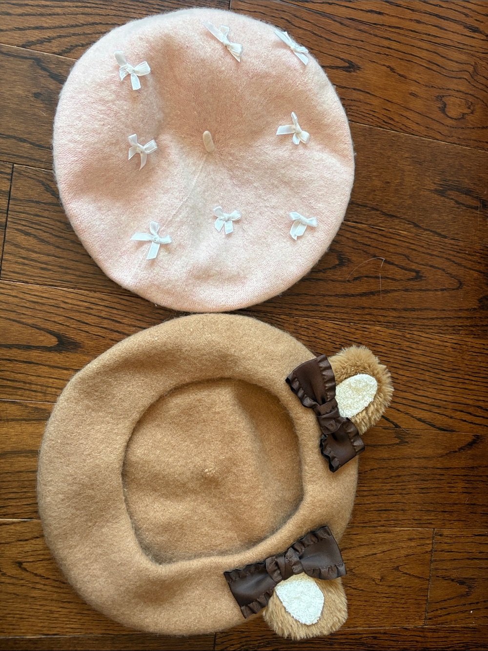 Pink Bow Beret & Tan Bear-Ear Beret Set